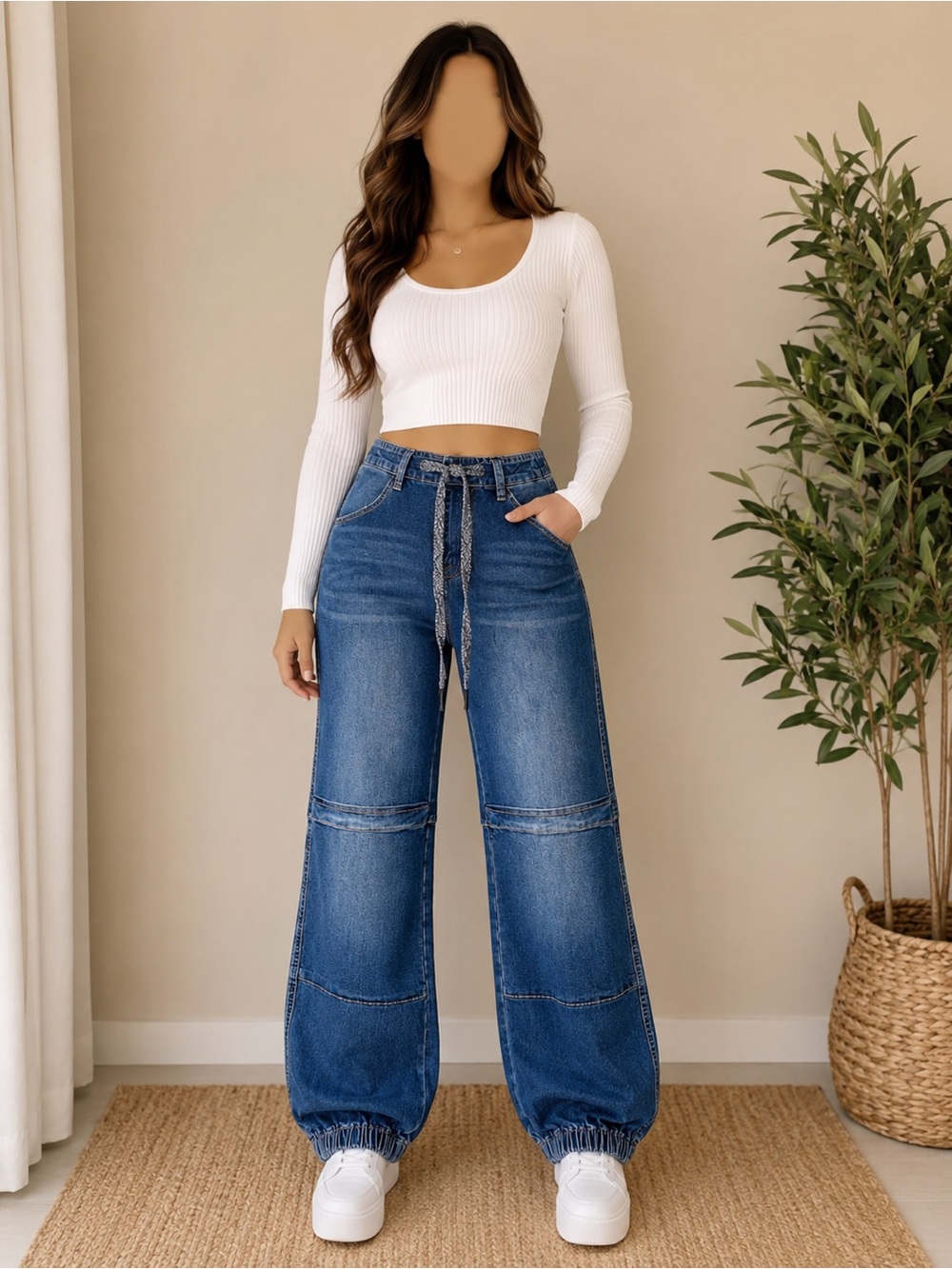 Relaxed Blue Boyfriend Jeans with Drawstring Waist